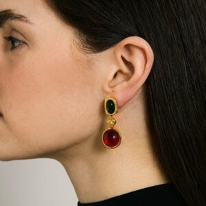 Gold Green & Red Cabochon Drop Earrings, Vintage Statement